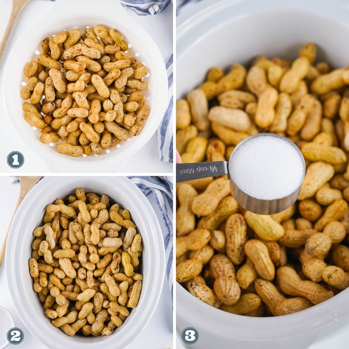 Split image of raw peanuts in a cooker, with salt being added in step three.