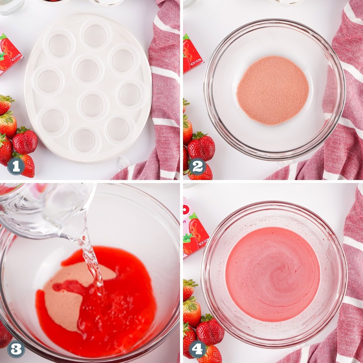 Making strawberry gelatin in bowls, with strawberries and a towel.