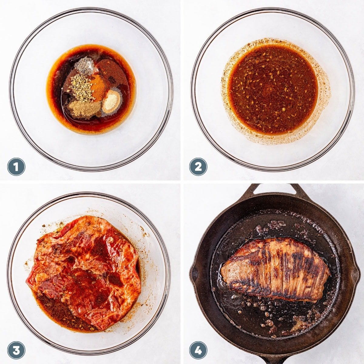 Mixing marinade, marinade blended, and meat marinating, then meat cooking in pan.