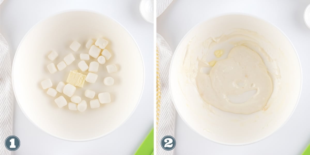 Marshmallows and butter in a bowl, and melted, mixed marshmallow mixture.