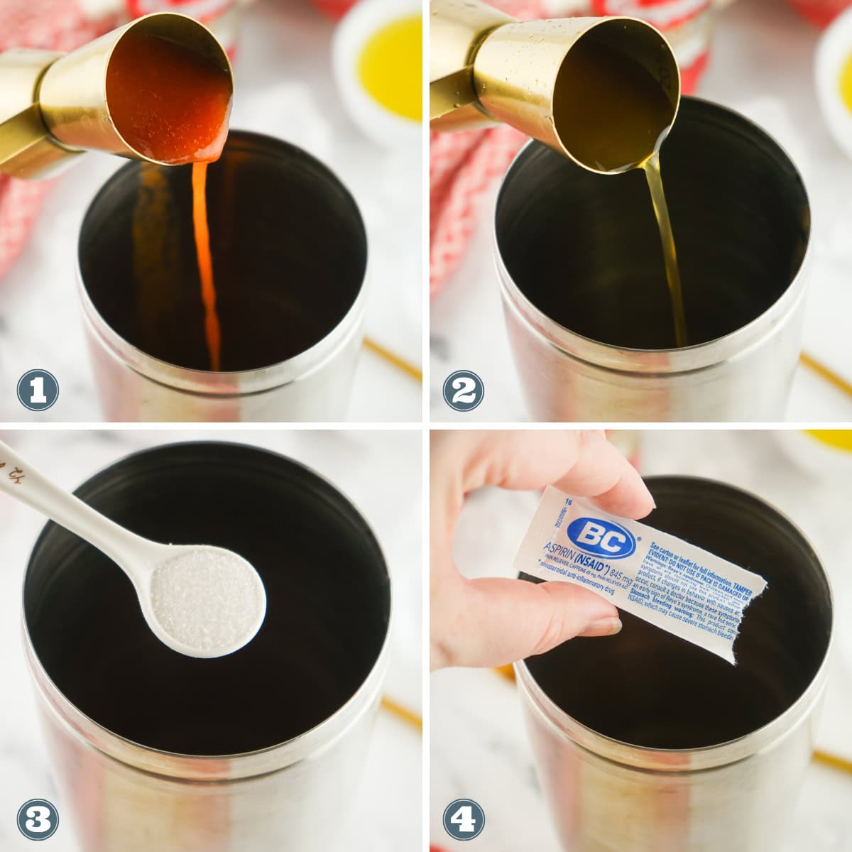 A cocktail shaker being filled with red liquid, green liquid, sugar, and a powder packet.