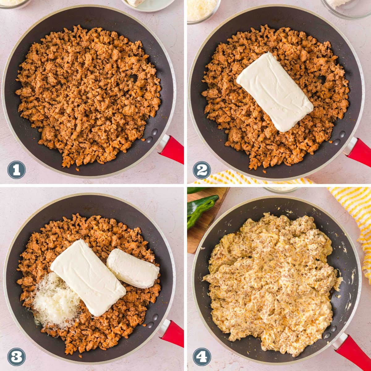 Ground meat in a skillet being mixed with cream cheese and seasoning.