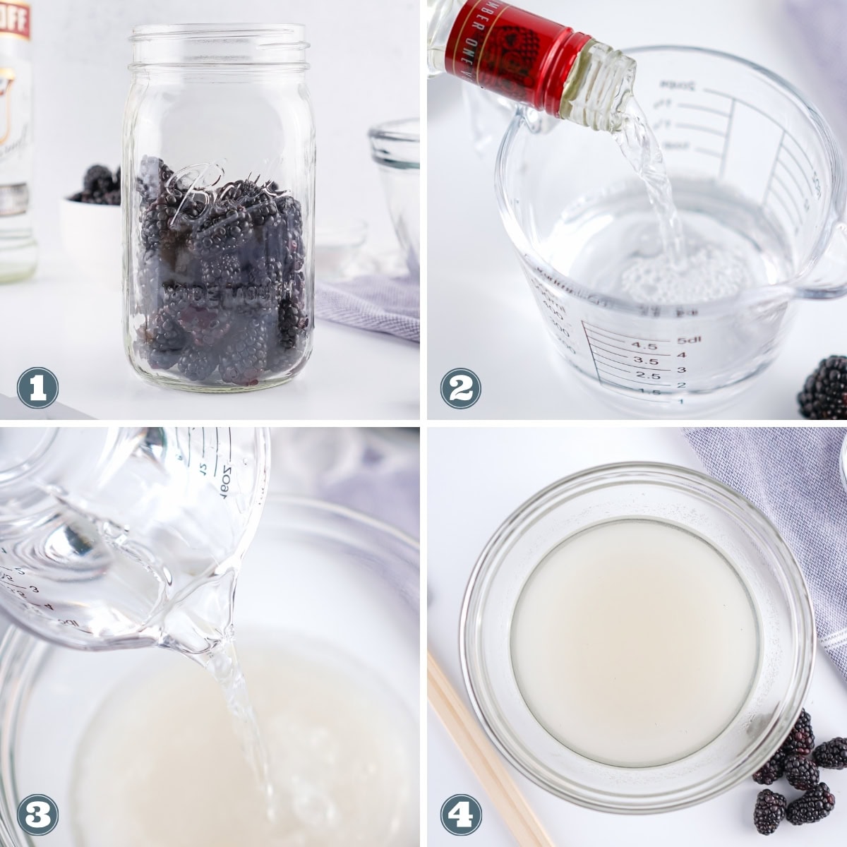 Making blackberry liqueur in jars with vodka and water.