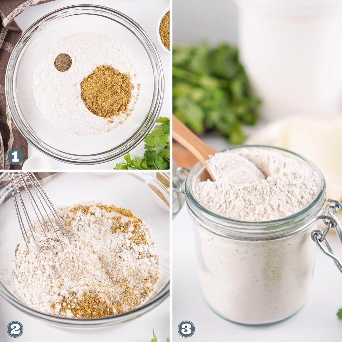 Flour and spices being mixed and stored in a glass jar.