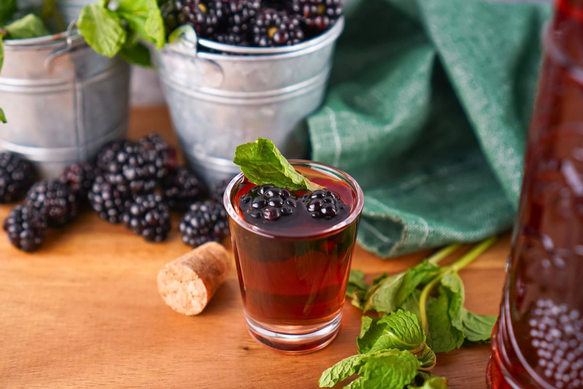 A glass of blackberry drink with mint, fresh blackberries, and mint leaves nearby.