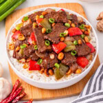 A bowl of rice topped with beef, bell peppers, peanuts, and green onions.