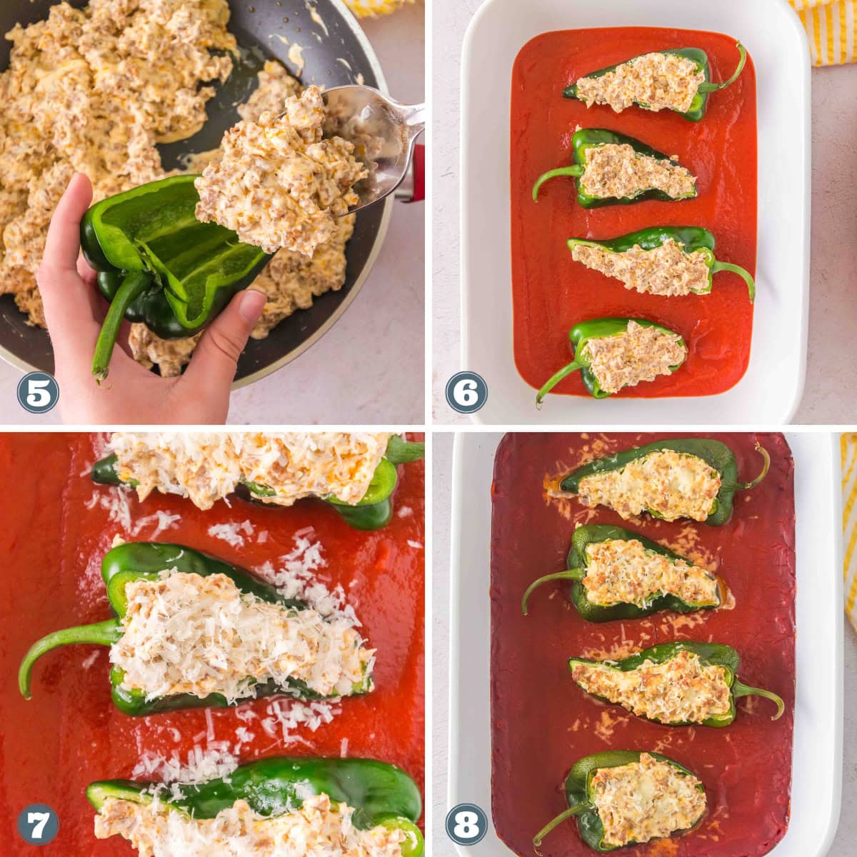 Stuffing poblano peppers with creamy filling in a tomato sauce dish.