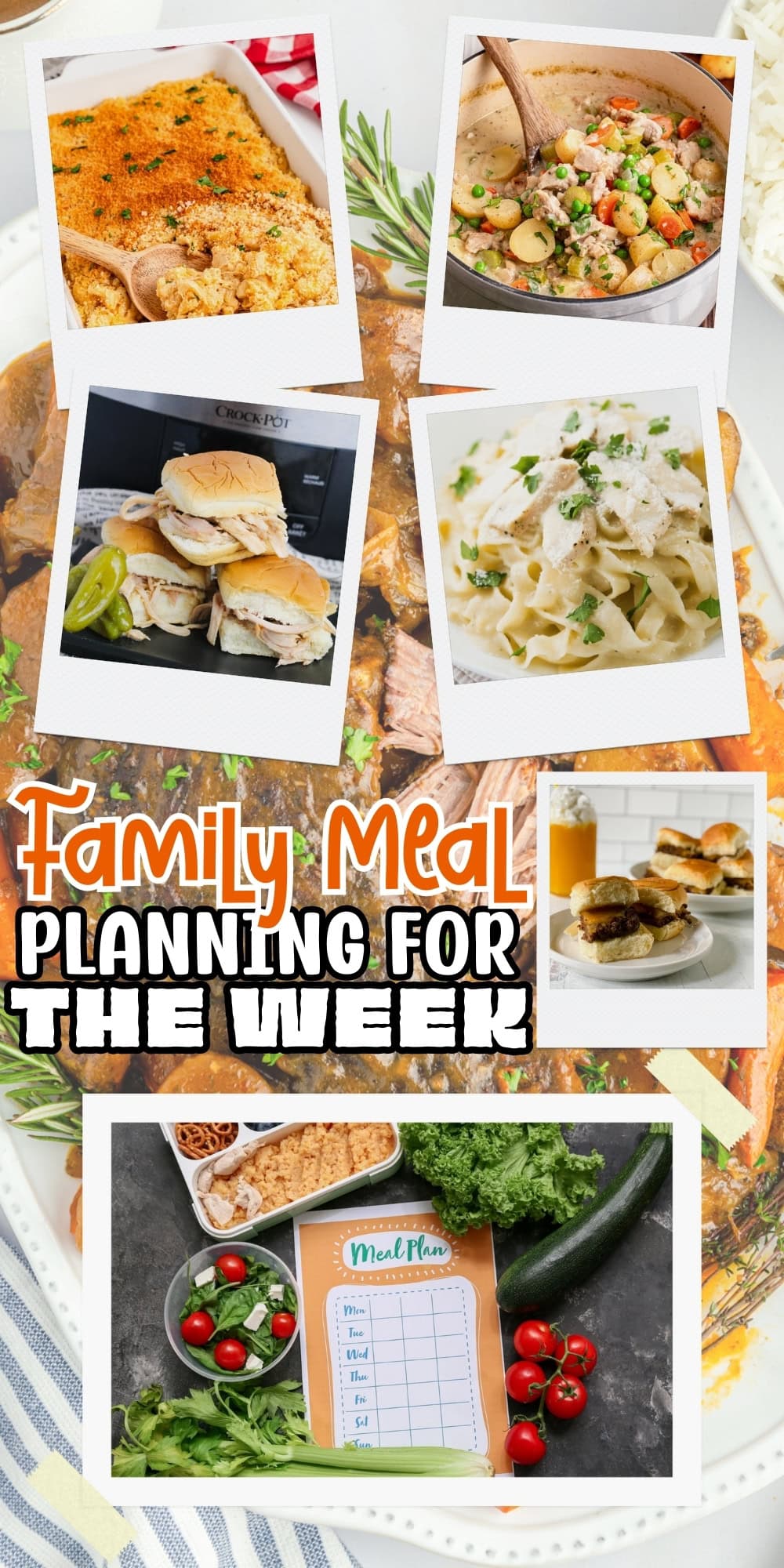Various meals and a meal planning sheet with fresh vegetables.