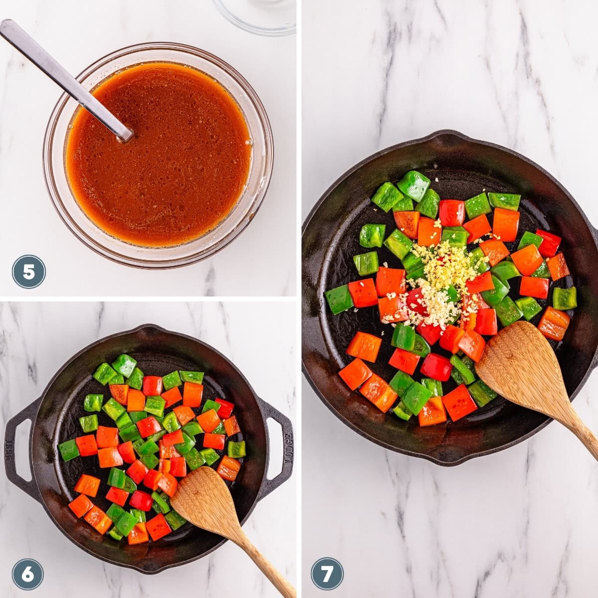 Mixing sauce, and sautéing chopped bell peppers and garlic.