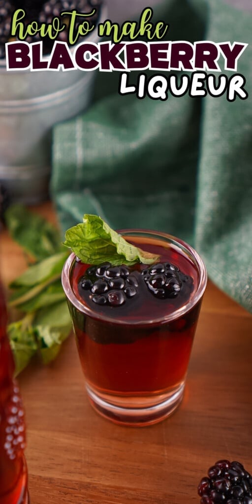 A shot glass of blackberry liqueur with blackberries and mint, on a table.