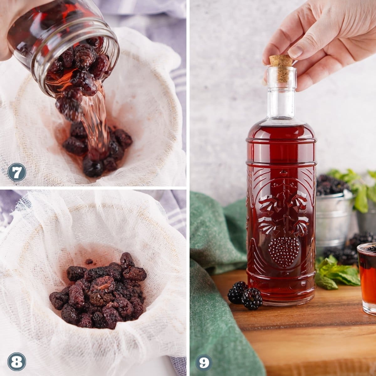 Making berry liqueur: pouring, straining, and a finished bottle.