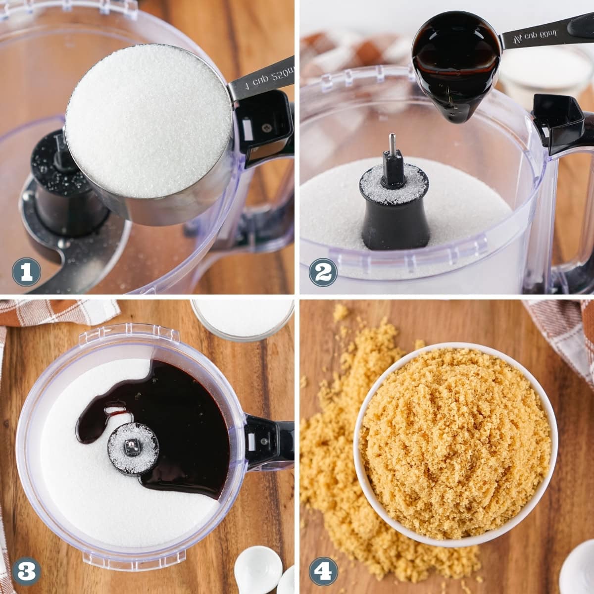 Sugar, molasses, and brown sugar being made in a food processor.