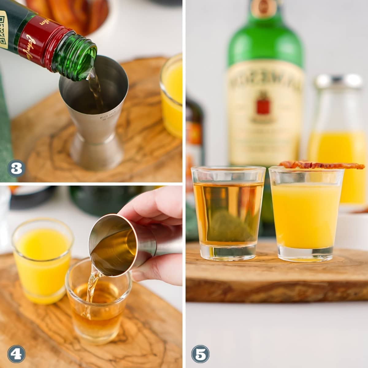 Whiskey is measured and poured into a shot glass next to orange juice, side by side.