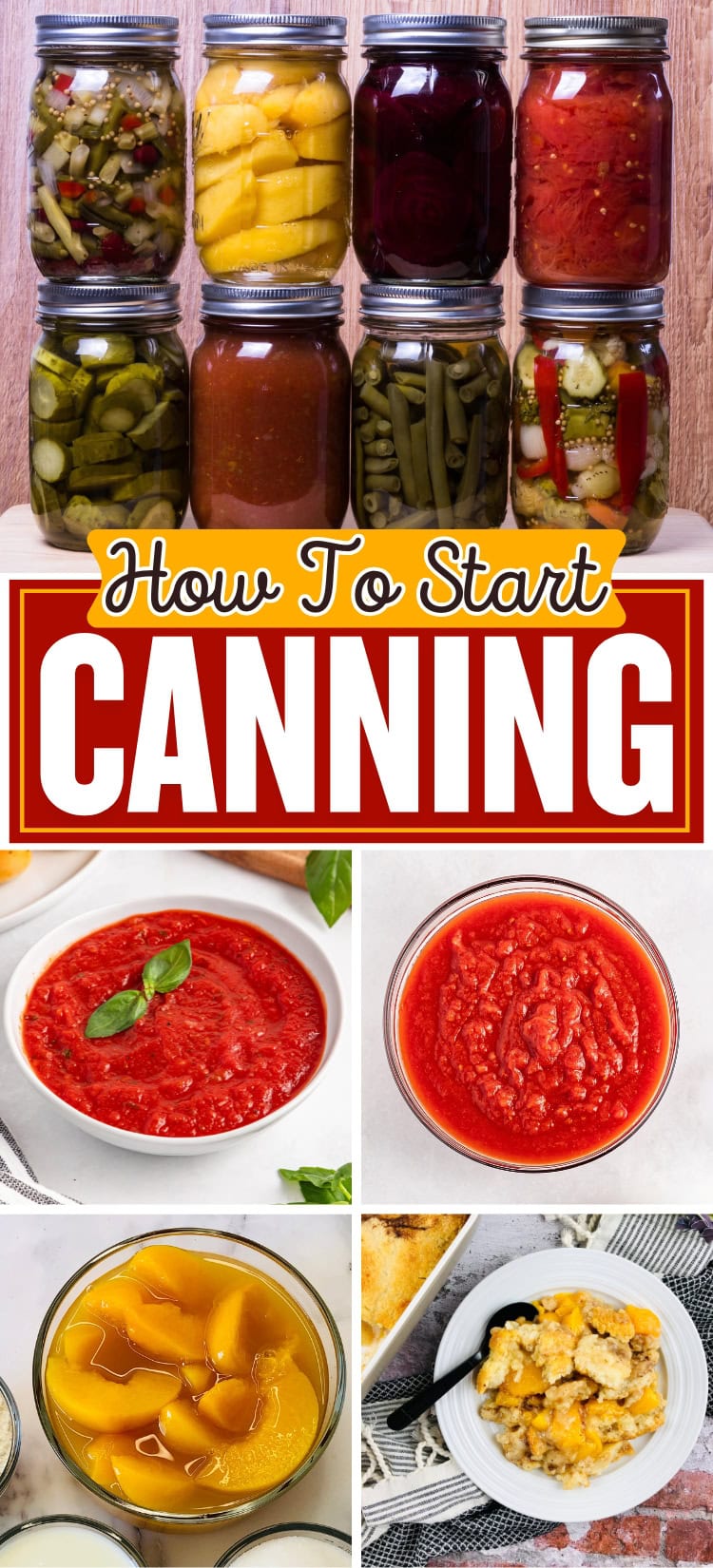 Jars of canned vegetables and fruit, homemade sauces, and a baked casserole.