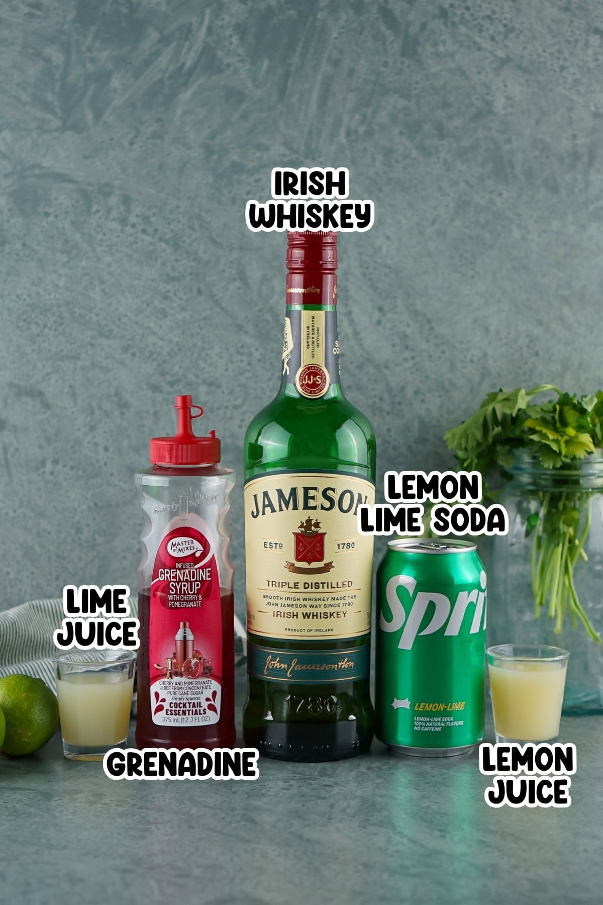 Irish whiskey, grenadine syrup, lime juice, lemon-lime soda, and lemon juice.
