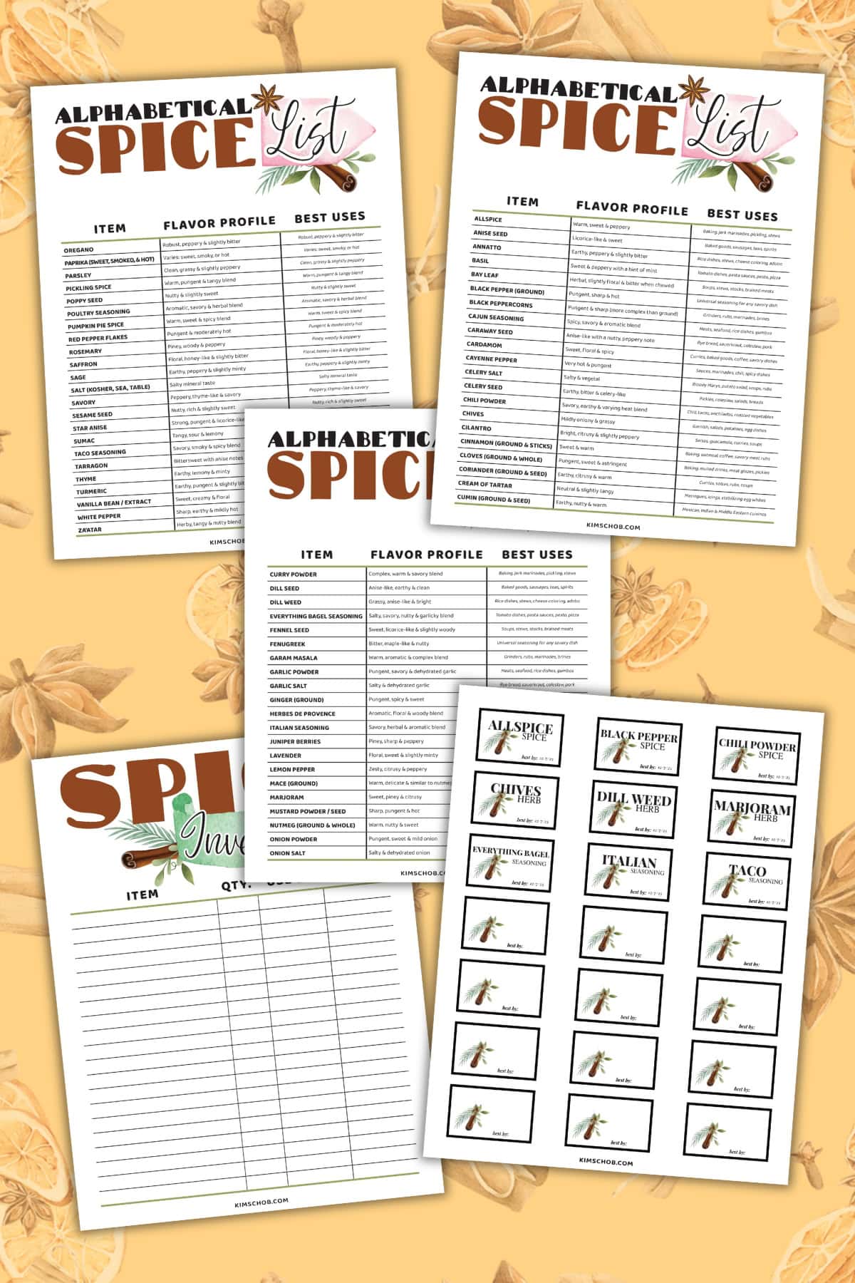 Five printable spice list and inventory sheets with tables and spice illustrations.