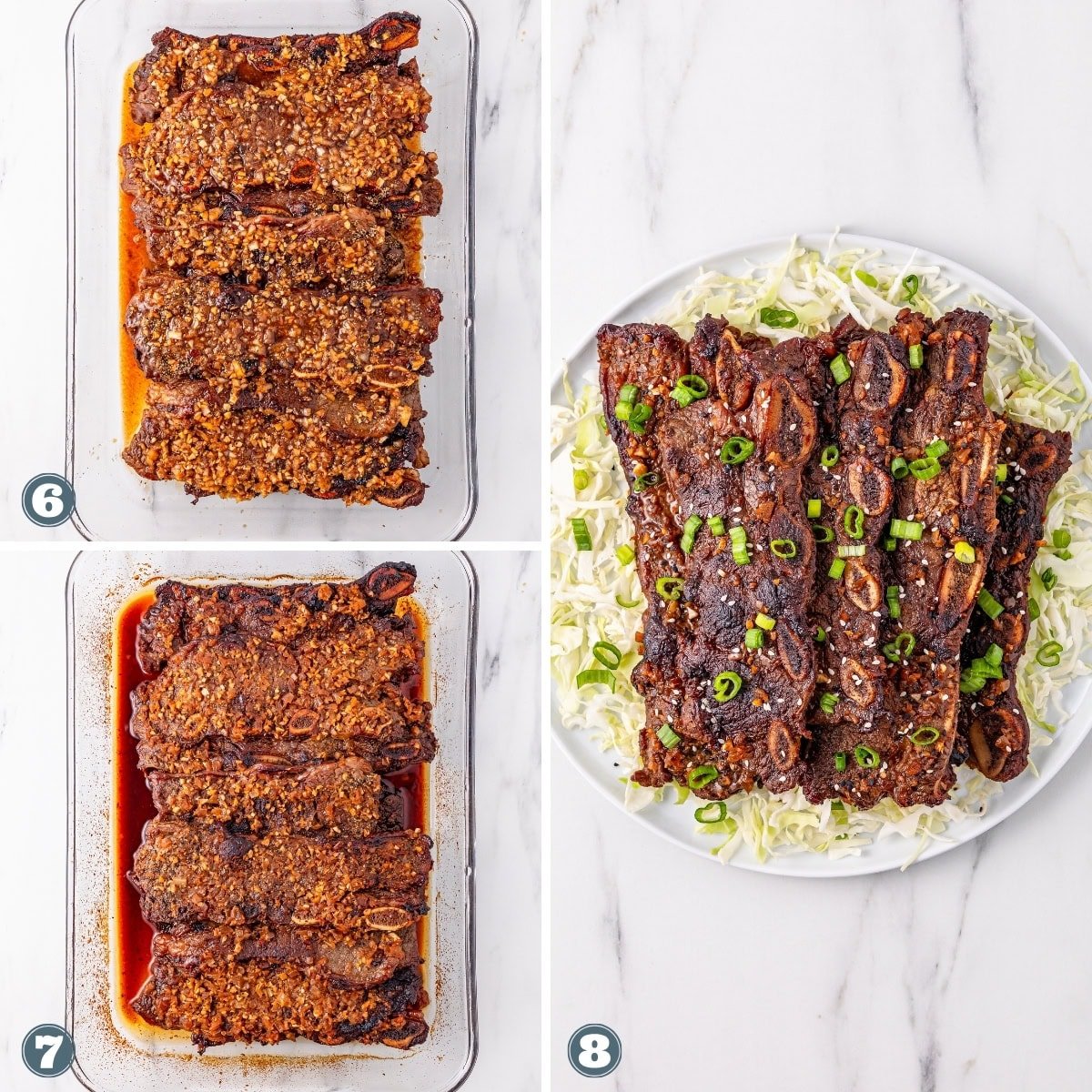 Korean short ribs in a marinade, then cooked, then served on a plate with green onions.