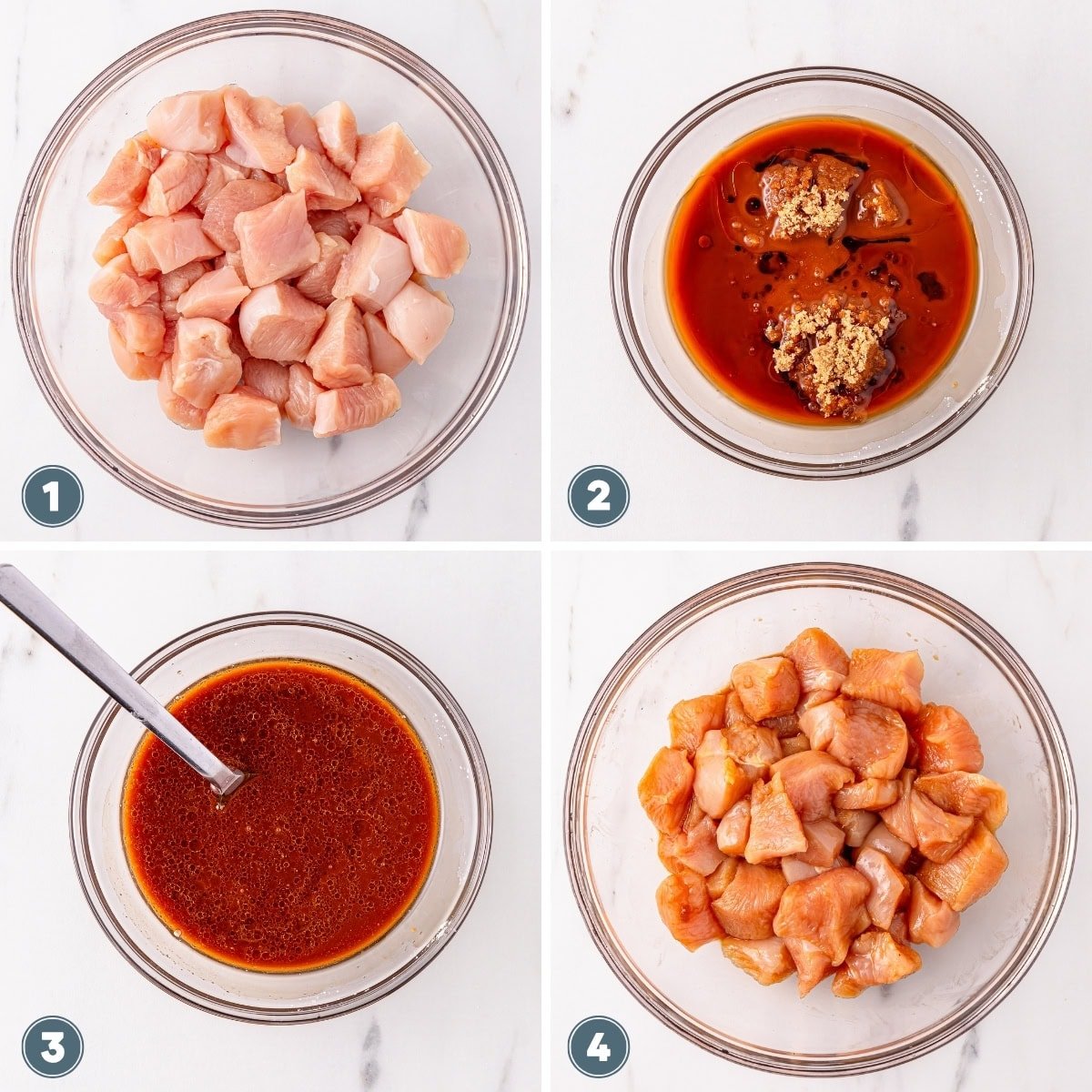 Chicken pieces being marinated in a bowl with sauce mixture.