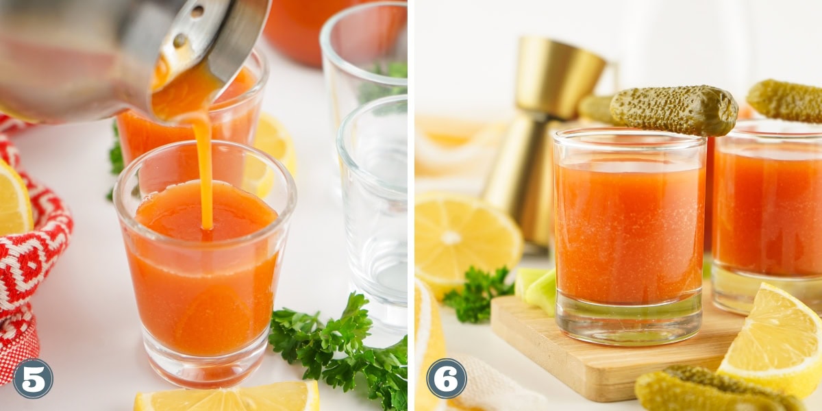 Pouring tomato drink into a shot glass, then served with pickles and lemon.