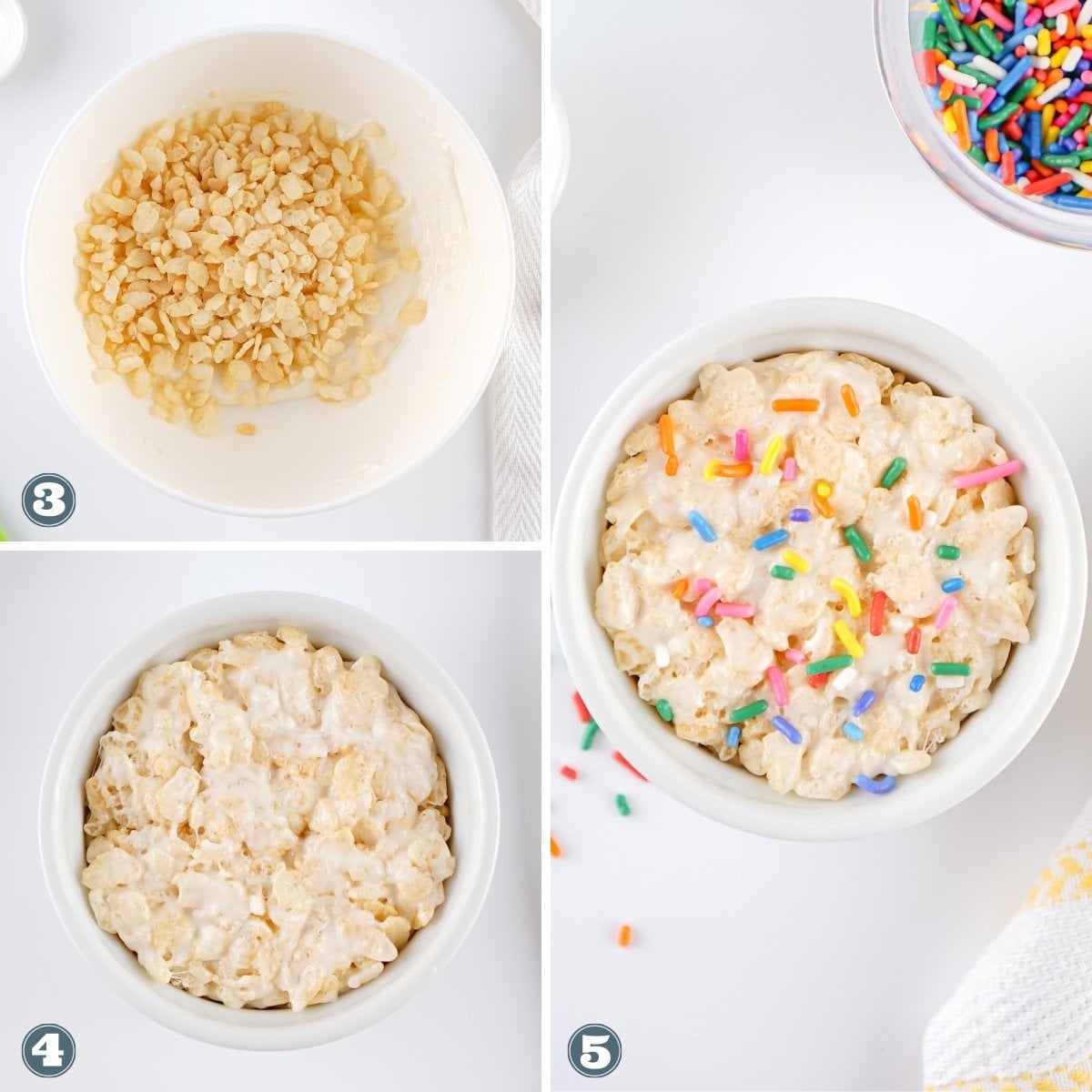 Rice Krispies treat in a bowl, topped with colorful sprinkles.