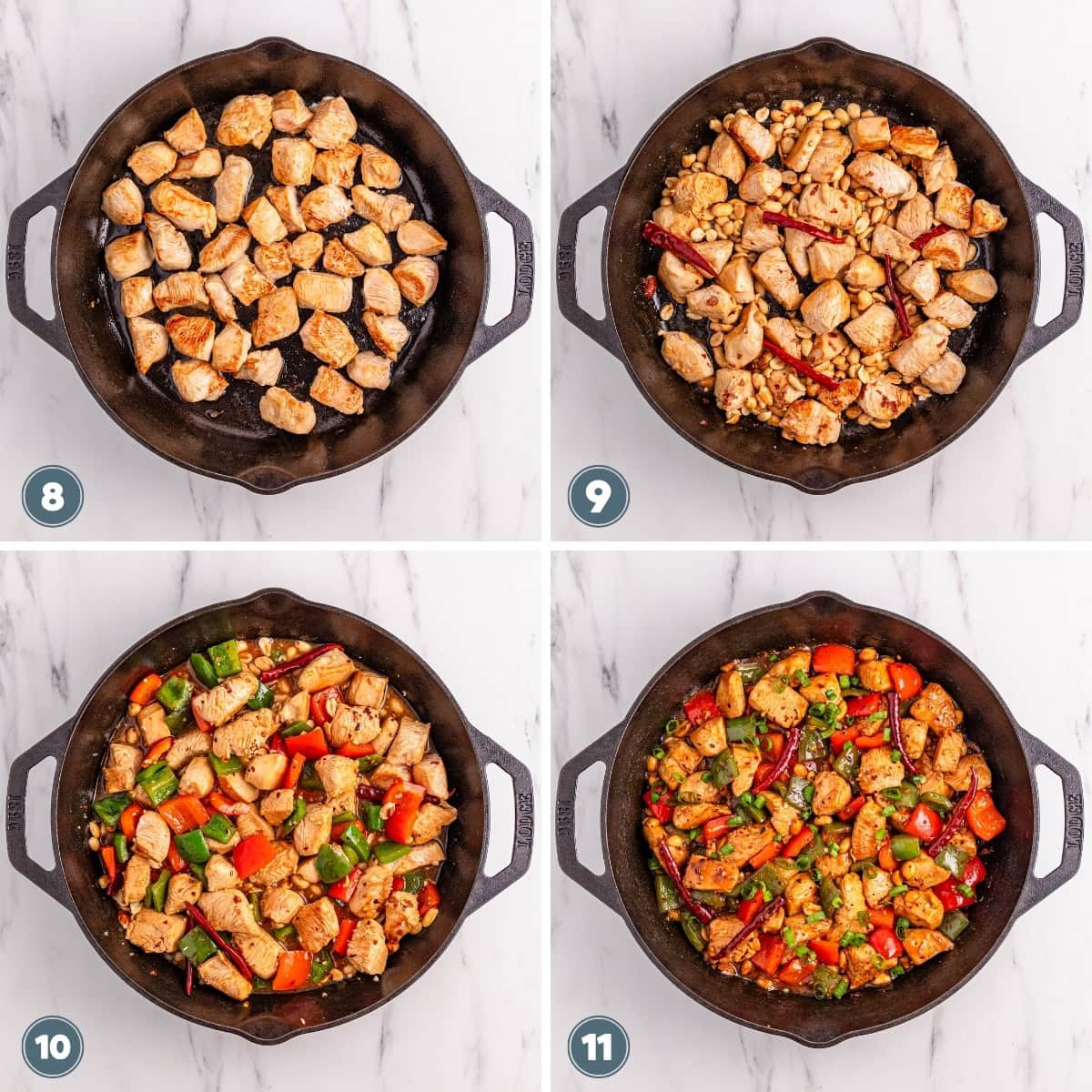 Stir-fried chicken and vegetables cooking in a cast iron skillet.