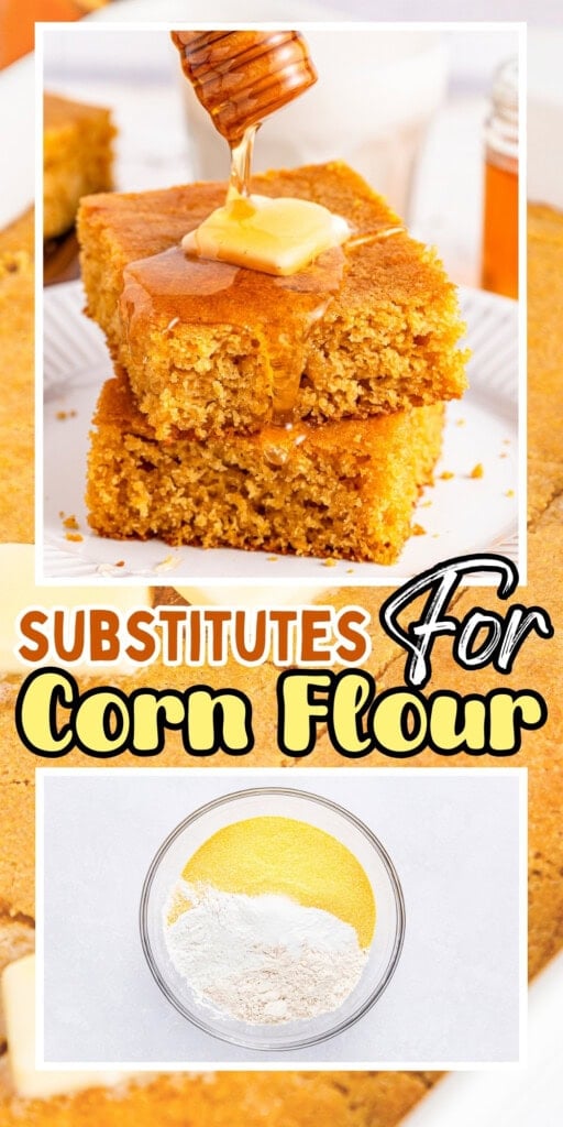Honey drizzled on cornbread with butter, and a bowl of flour and cornmeal.