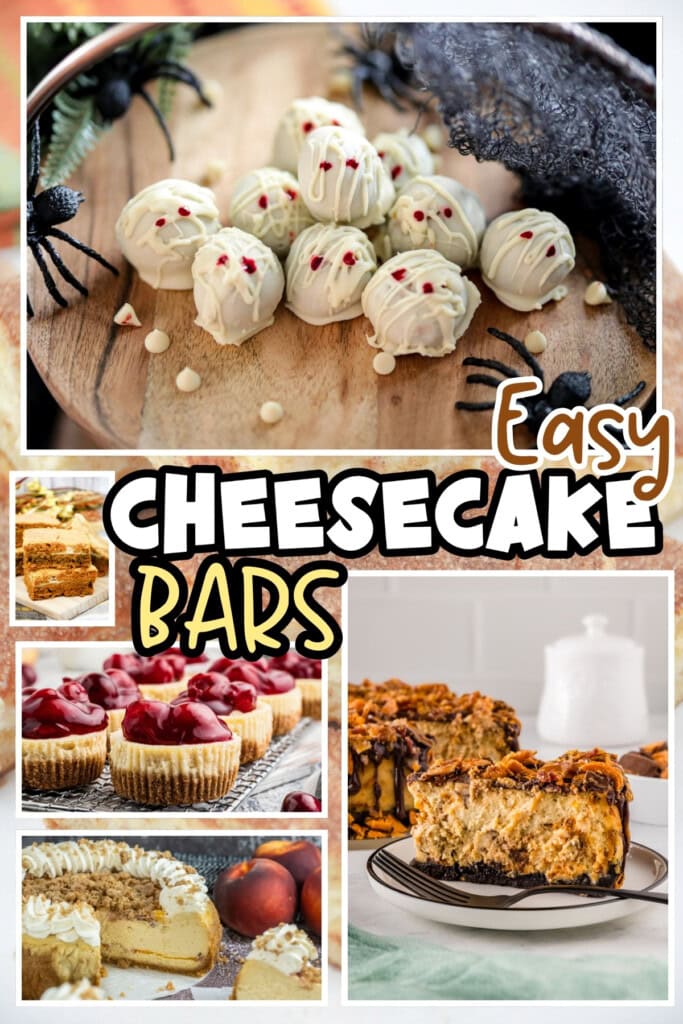 Cheesecake bars, truffles, cupcakes, and slices, with Halloween decor.