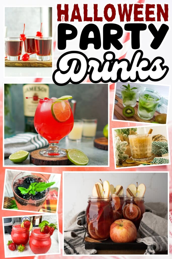 Halloween party drinks in various glasses and jars.
