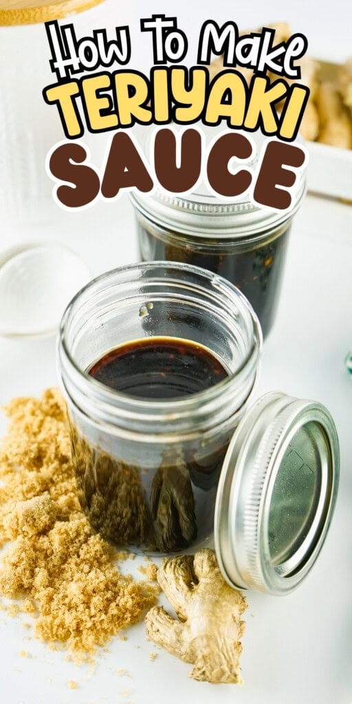 Two jars of teriyaki sauce with ginger and brown sugar on a white surface.