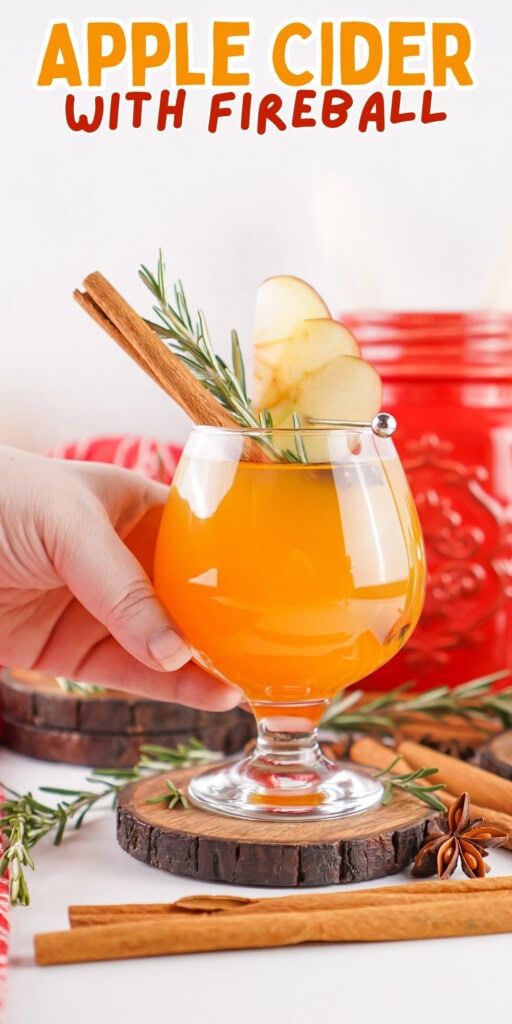 A hand holds a glass of apple cider with cinnamon, apple slices, and rosemary.