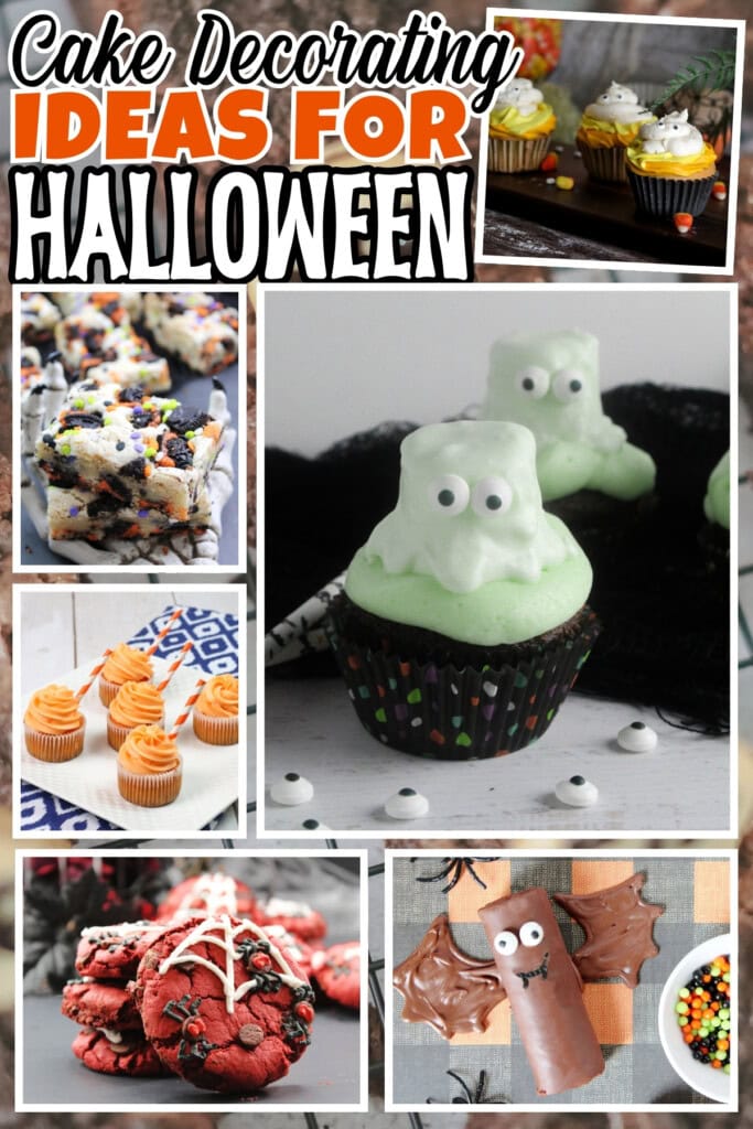 Halloween-themed decorated cupcakes, cookies, and treats.