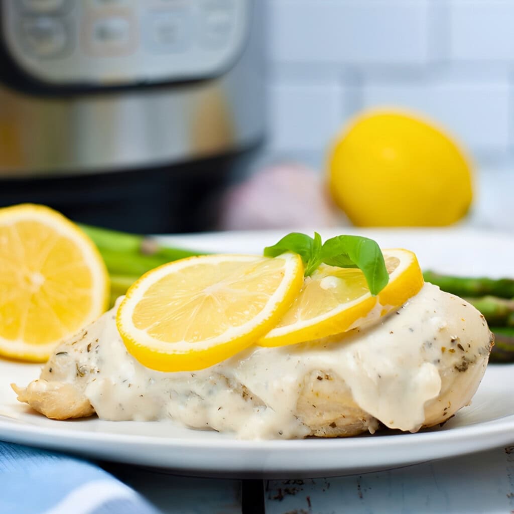 Instant Pot comfort recipe: Chicken breast with creamy sauce, lemon, and asparagus.