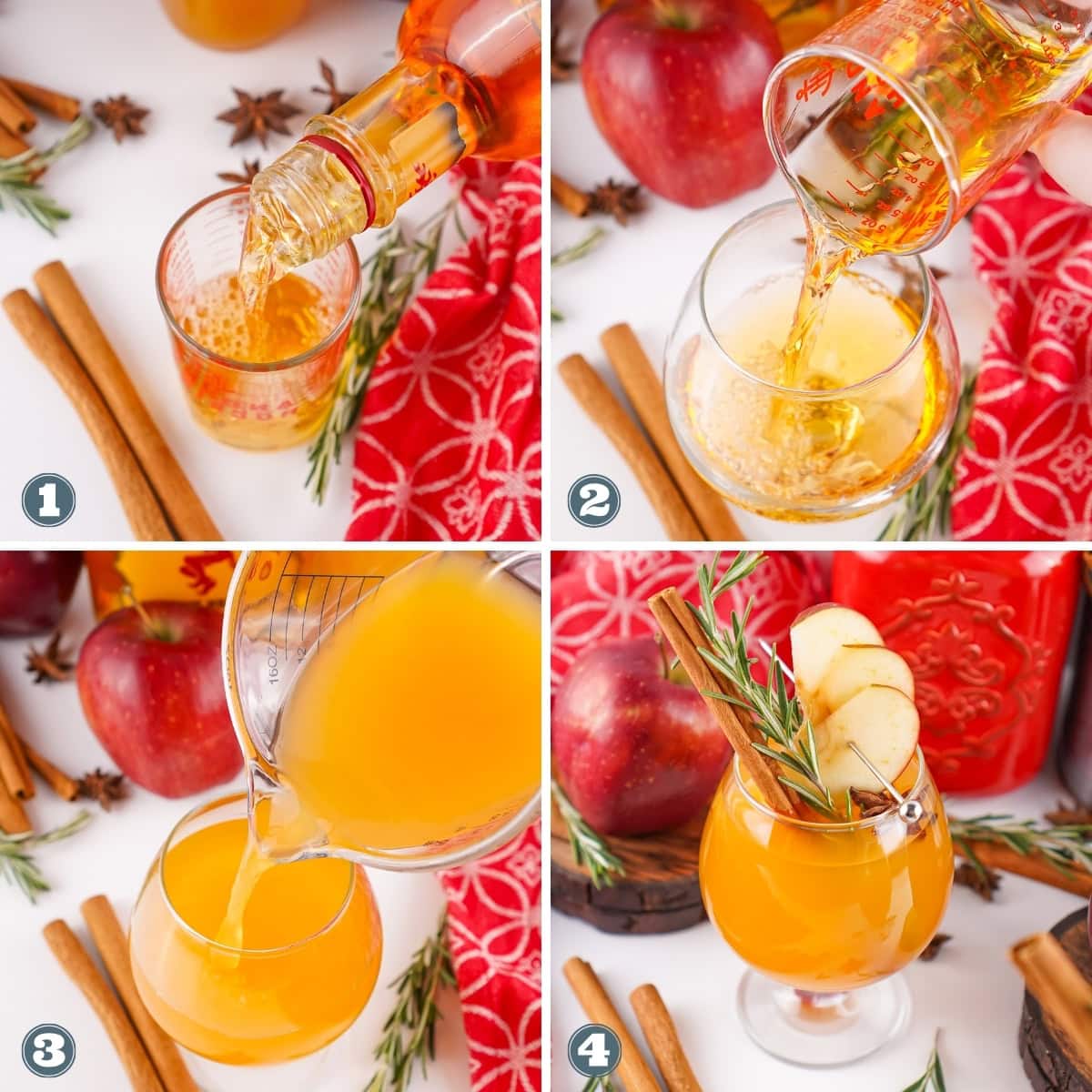 Making an apple cocktail with garnish and ingredients.