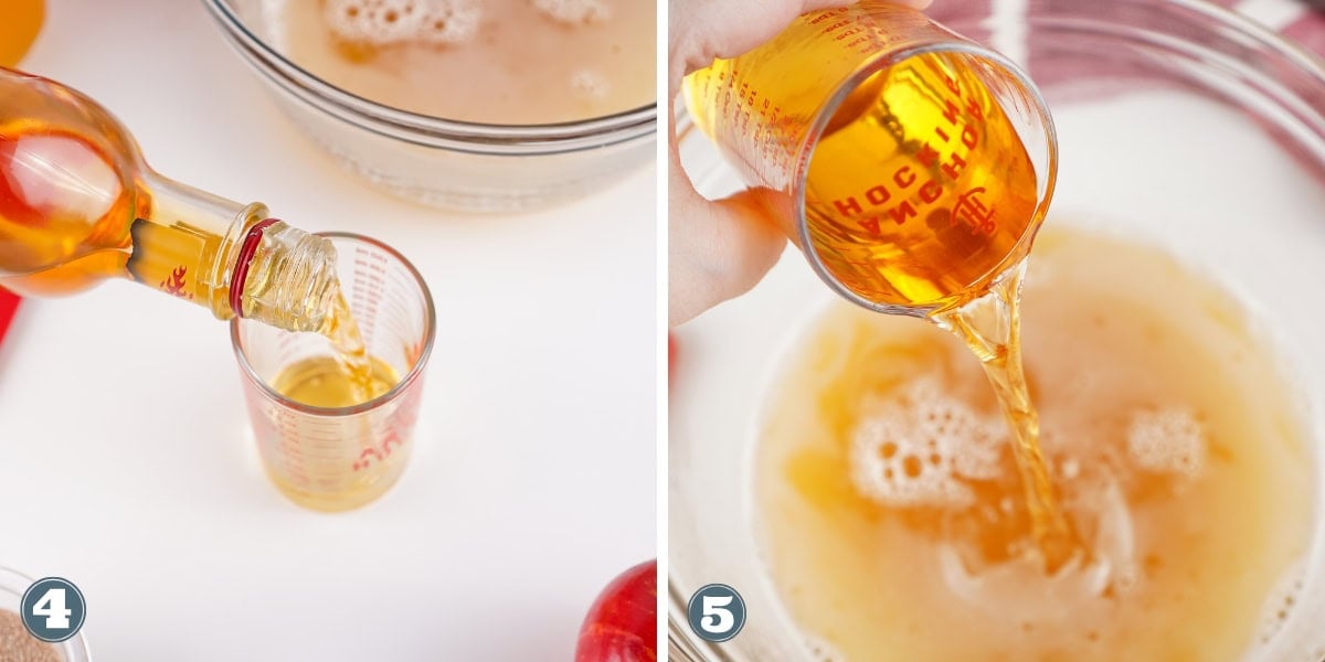 Measuring and pouring apple cider vinegar into a mixing bowl.
