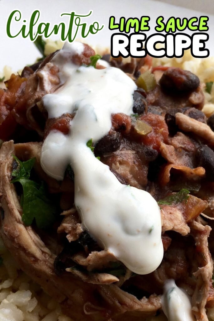 Shredded meat with beans, rice, and creamy cilantro lime sauce on top.