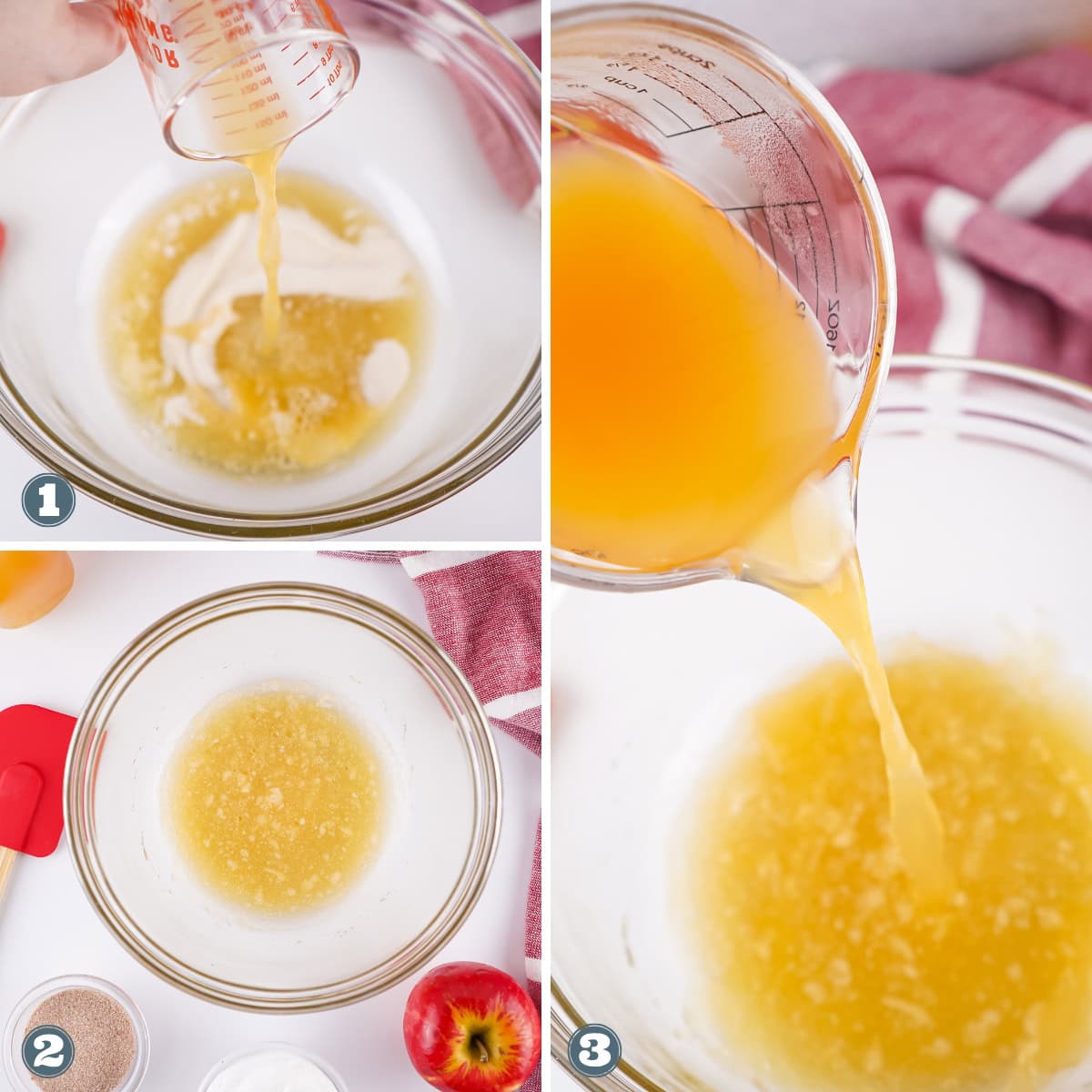 Fireball Whiskey being poured into a clear mixing bowl from a measuring cup.