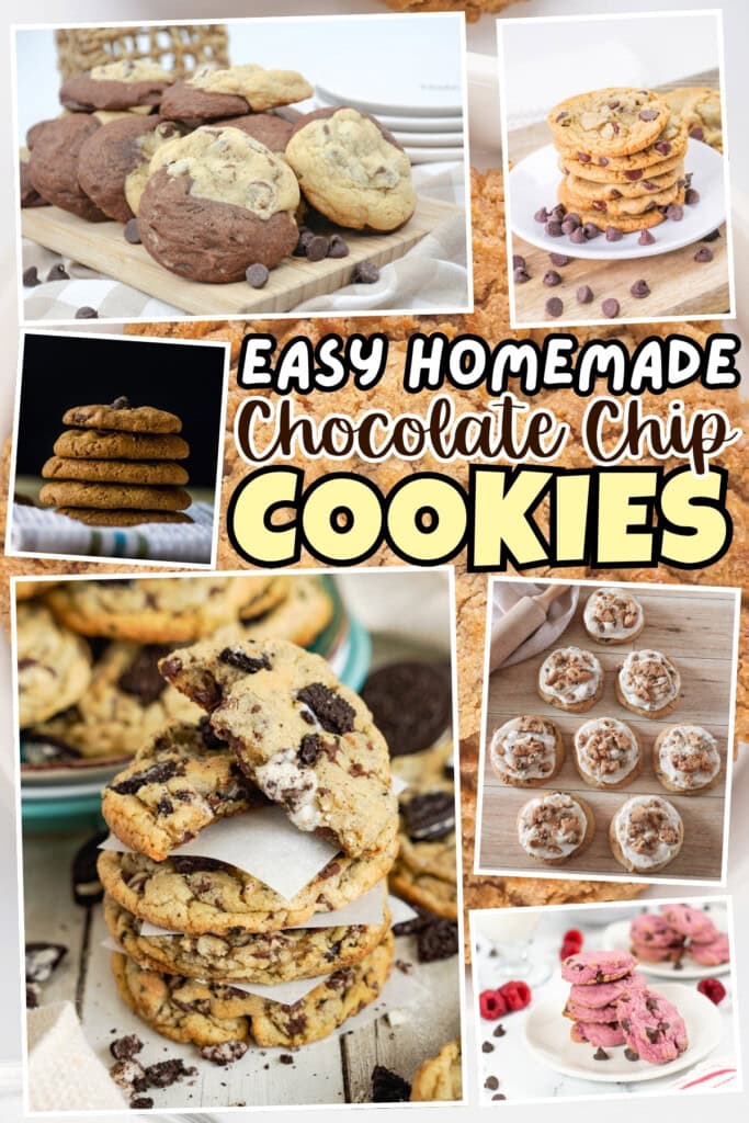 Various chocolate chip cookies, some stacked and some on plates.