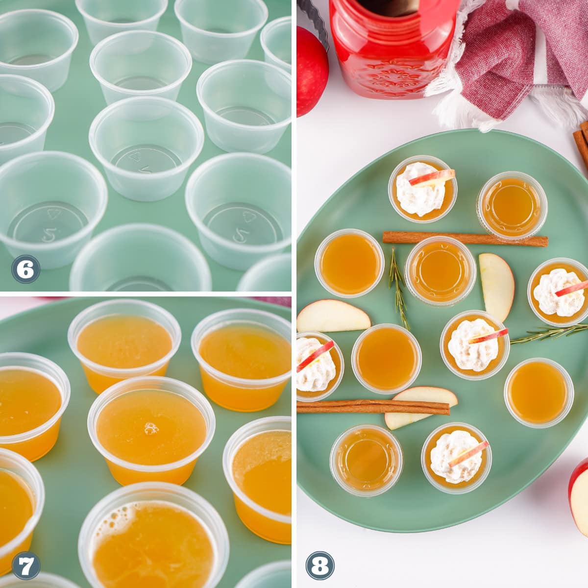 Apple cider shots being prepared and garnished on a plate.