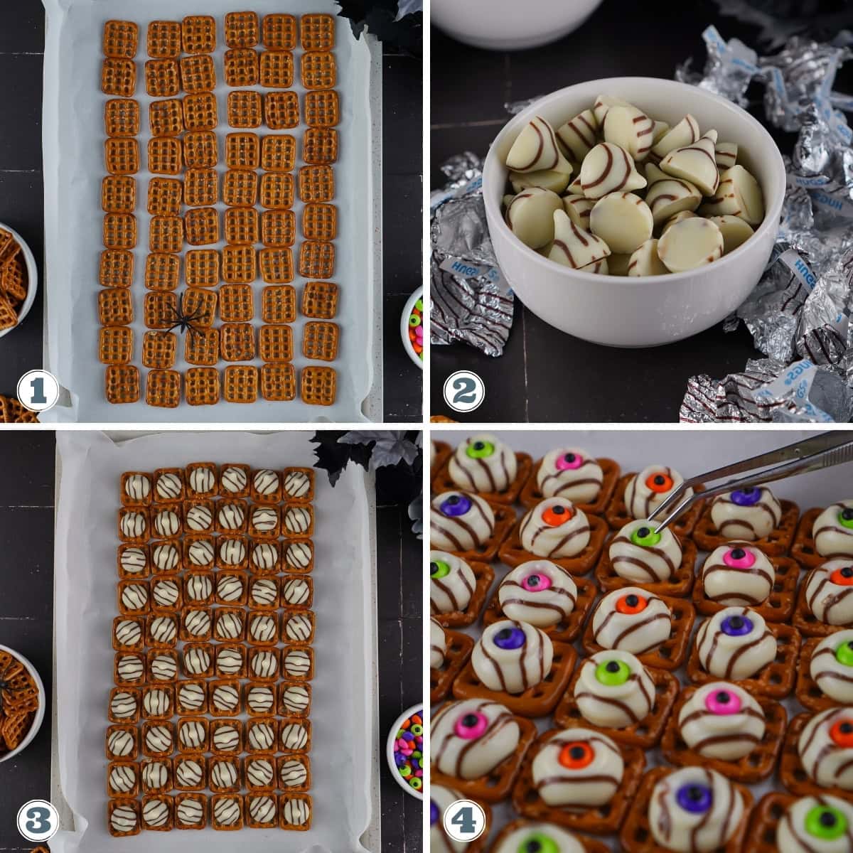 Making pretzel treats with white chocolate and candy eyes.