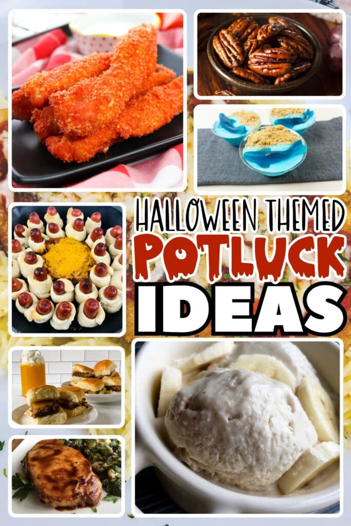 Halloween-themed potluck foods, including spooky appetizers and desserts.
