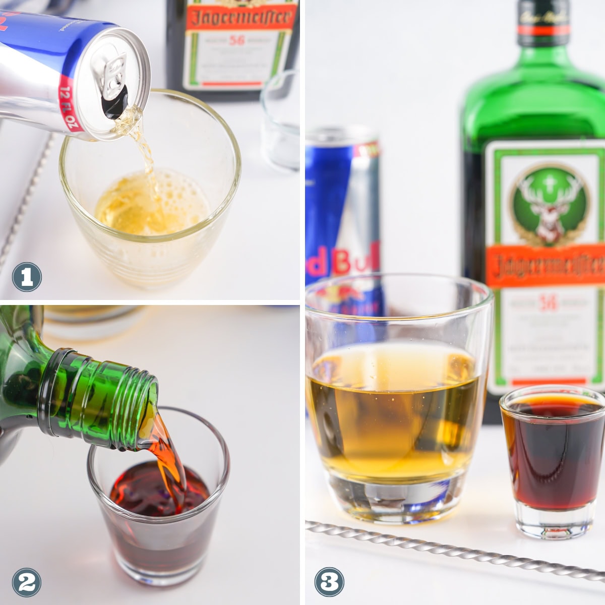 Energy drink and J&auml;germeister in a shot glass.