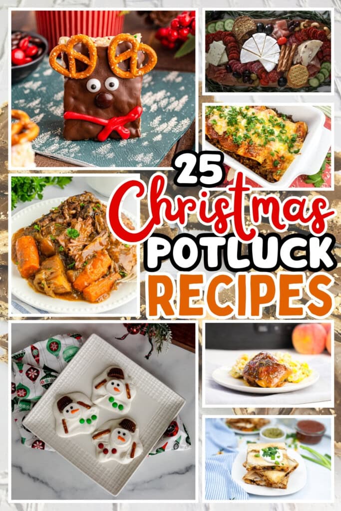 Christmas potluck dishes, including desserts, main courses, and appetizers.