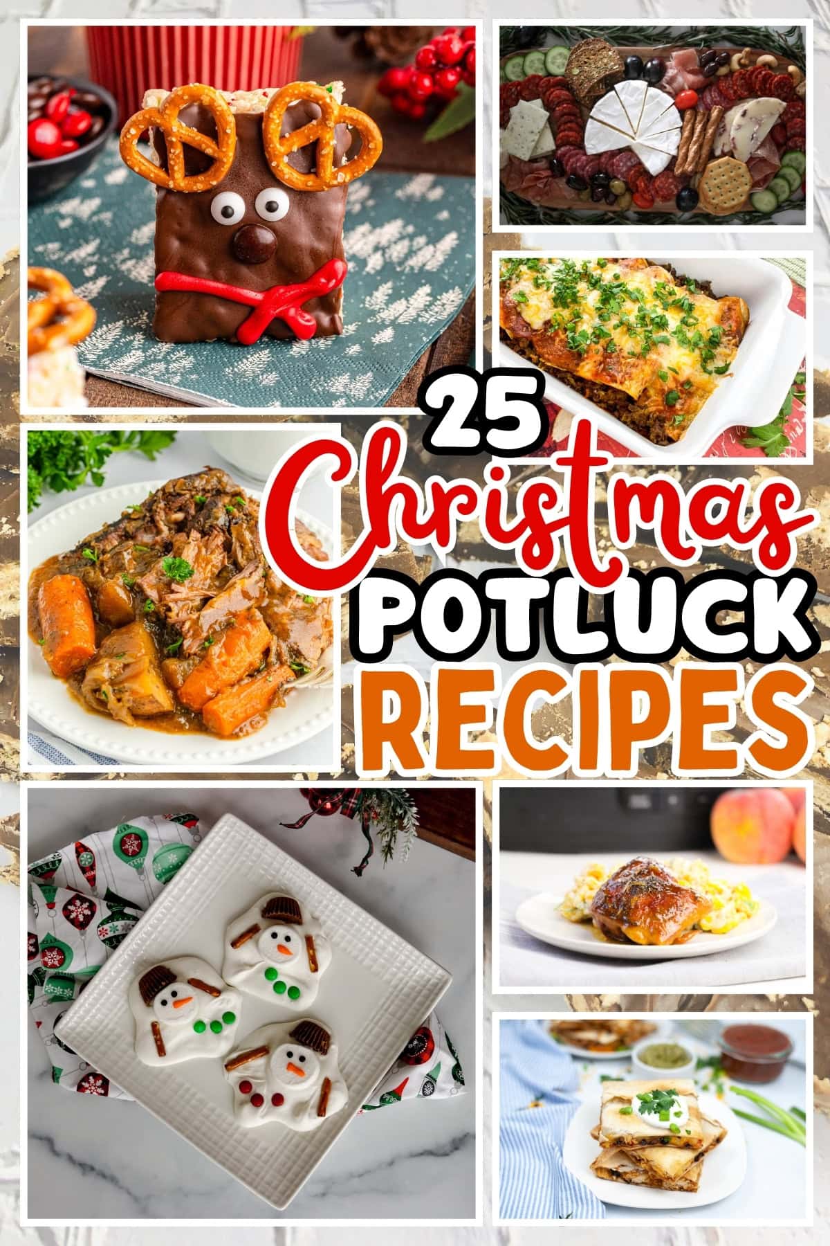 Christmas potluck dishes, including desserts, main courses, and appetizers.