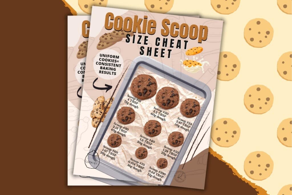 Cookie scoop size cheat sheet with cookie sizes shown on a baking tray.