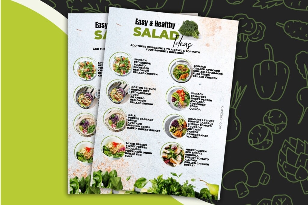 Two salad recipe flyers featuring images and lists of healthy salad ingredients.
