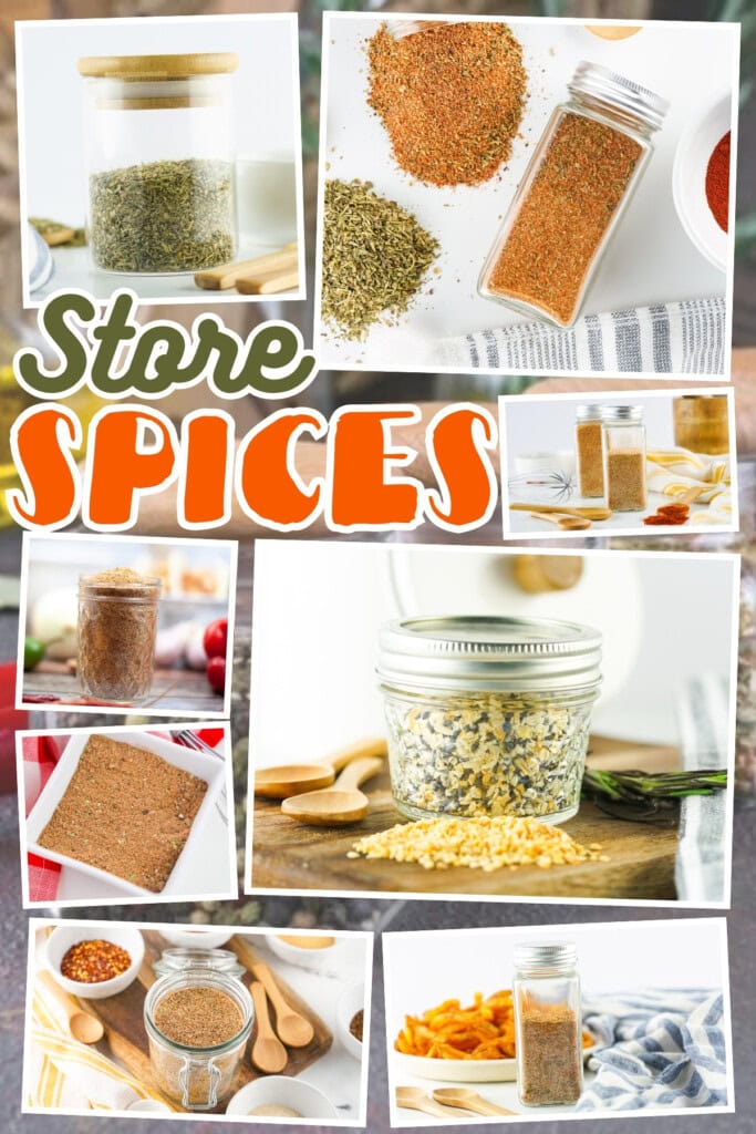 Assorted store spices in jars, bowls, and scattered on surfaces.
