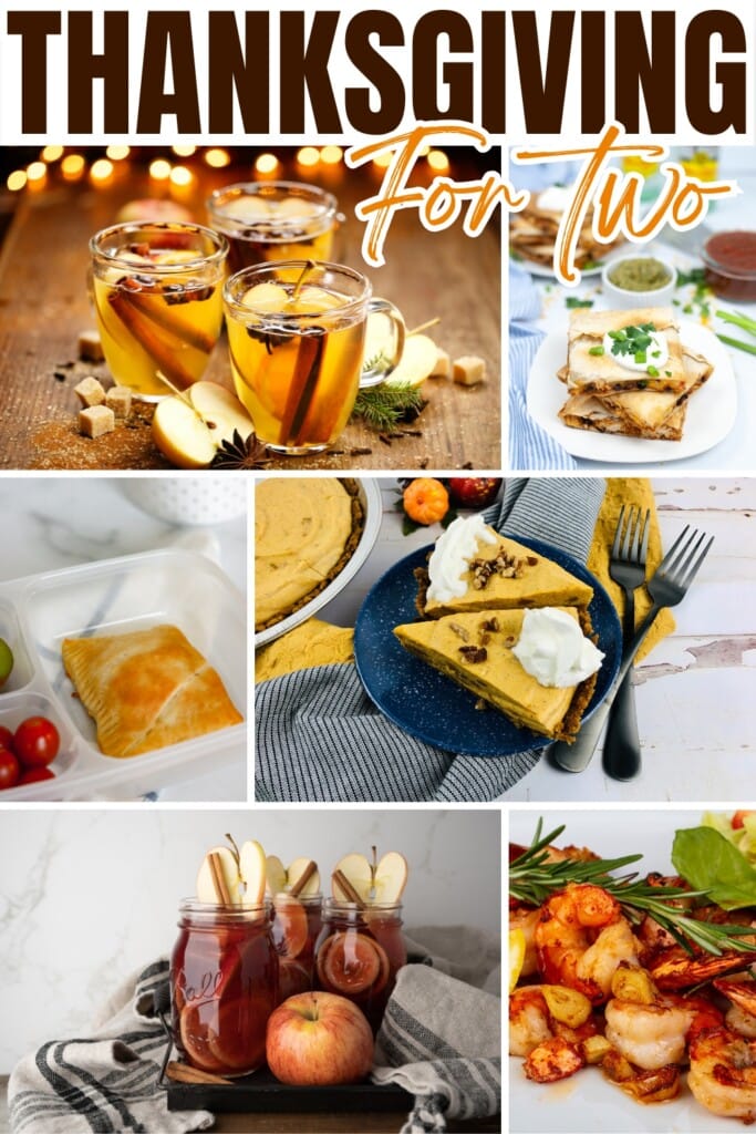 Thanksgiving dishes and drinks for two, with pie and apple cider.