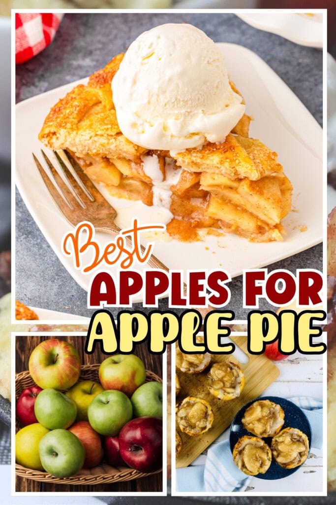A slice of apple pie with ice cream, fresh apples, and mini pies around it.