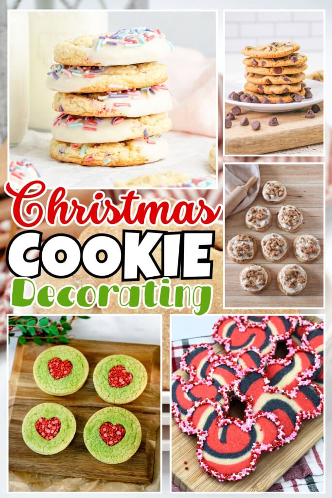 Decorated Christmas cookies in various shapes, colors, and styles.