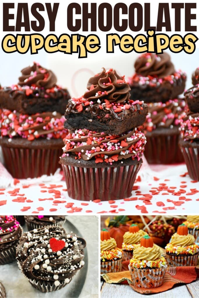 Assorted decorated chocolate cupcakes with colorful sprinkles and frosting.